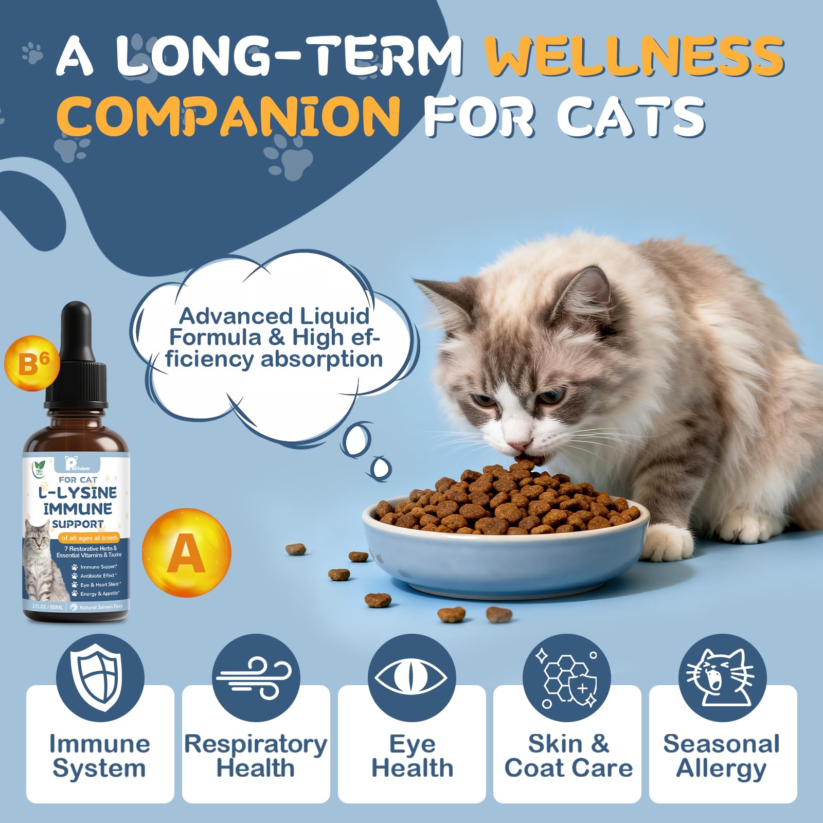 L-Lysine Supplement for Cats - Vitamins & Taurine for Immune Support & Allergy Relief - Lysine for Respiratory, Sneezing, Runny Nose, Eye Function - Natural Cat Antibiotic Drops - 60ML Slamon Flavor — Amazon image 2