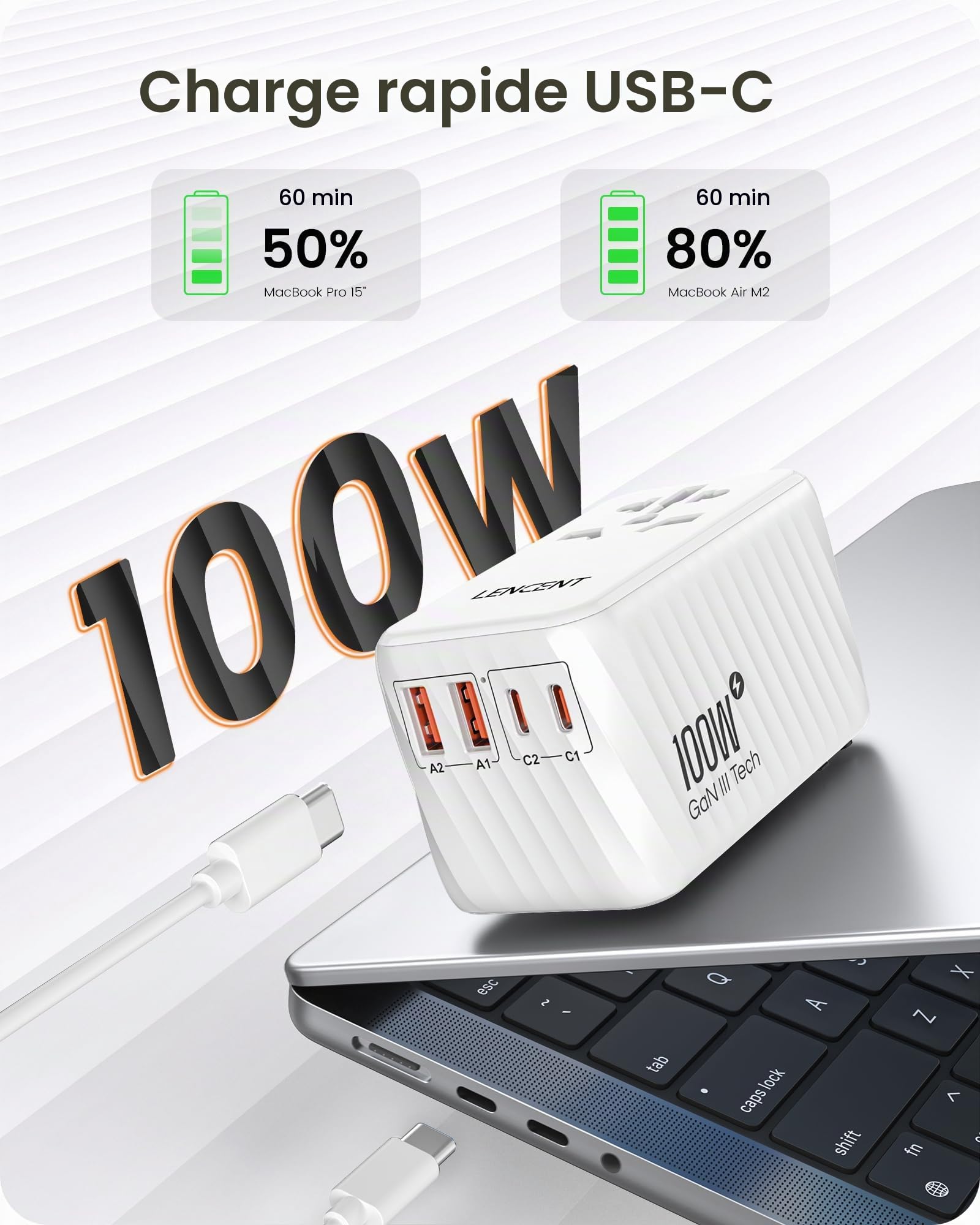 LENCENT 100W GaN3 Adaptateur Prise électrique 2 PD3,0 USB C+2 QC USB A