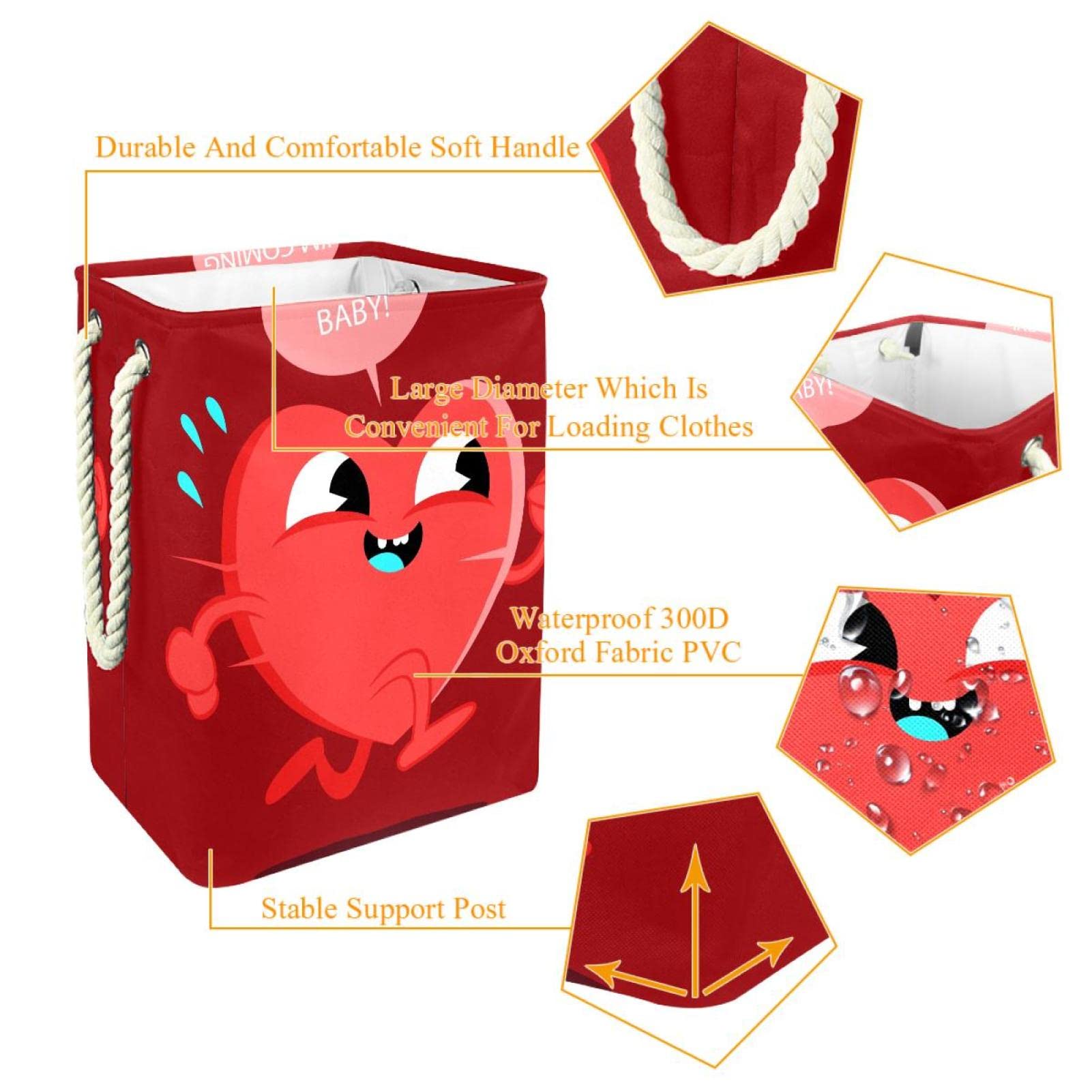 Cesta impermeable para la ropa sucia con asa, corazón rojo