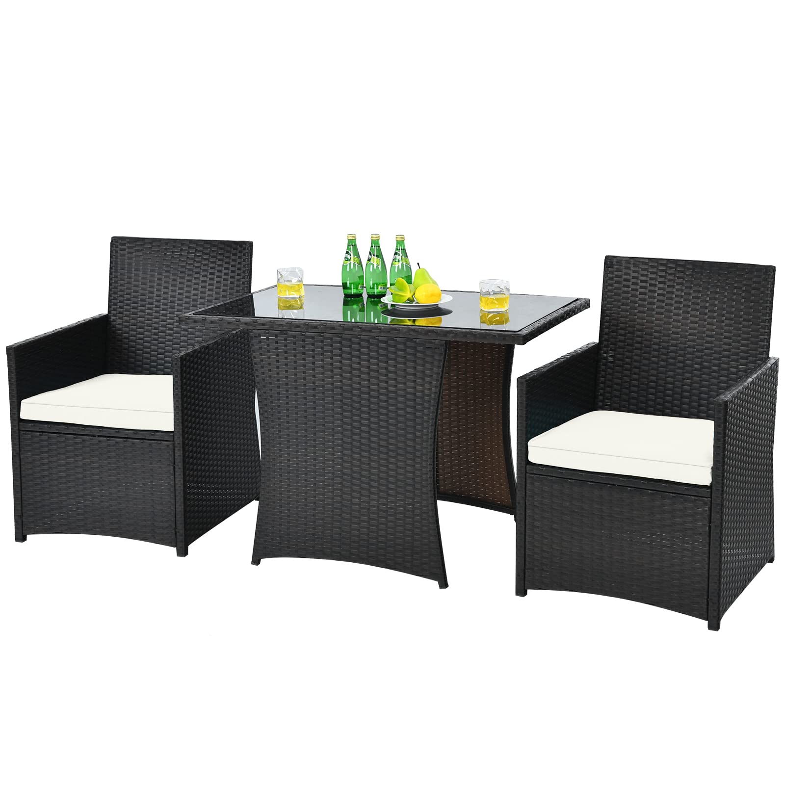 COSTWAY 3-Piece Patio Rattan Dining Set, Wicker Garden Table and Chairs Set with Tempered Glass Tabletop & Removable Cushions, Space-saving Outdoor Dining Furniture Conservatory Set