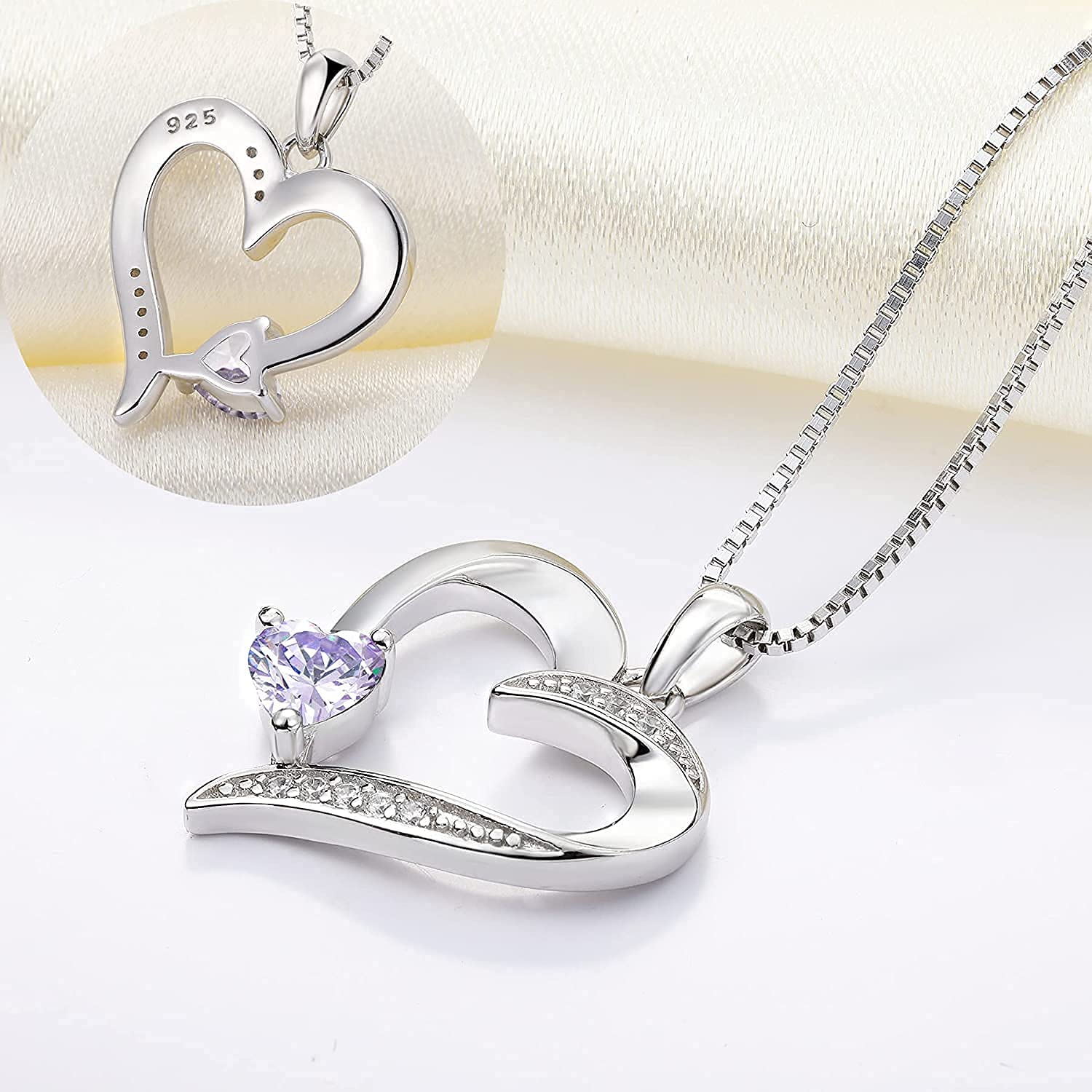 YL Collier Coeur Argent 925 avec 12 Pierres de Naissance Oxyde de Zirconium Pendentif Coeur pour Femme, 45-48cm