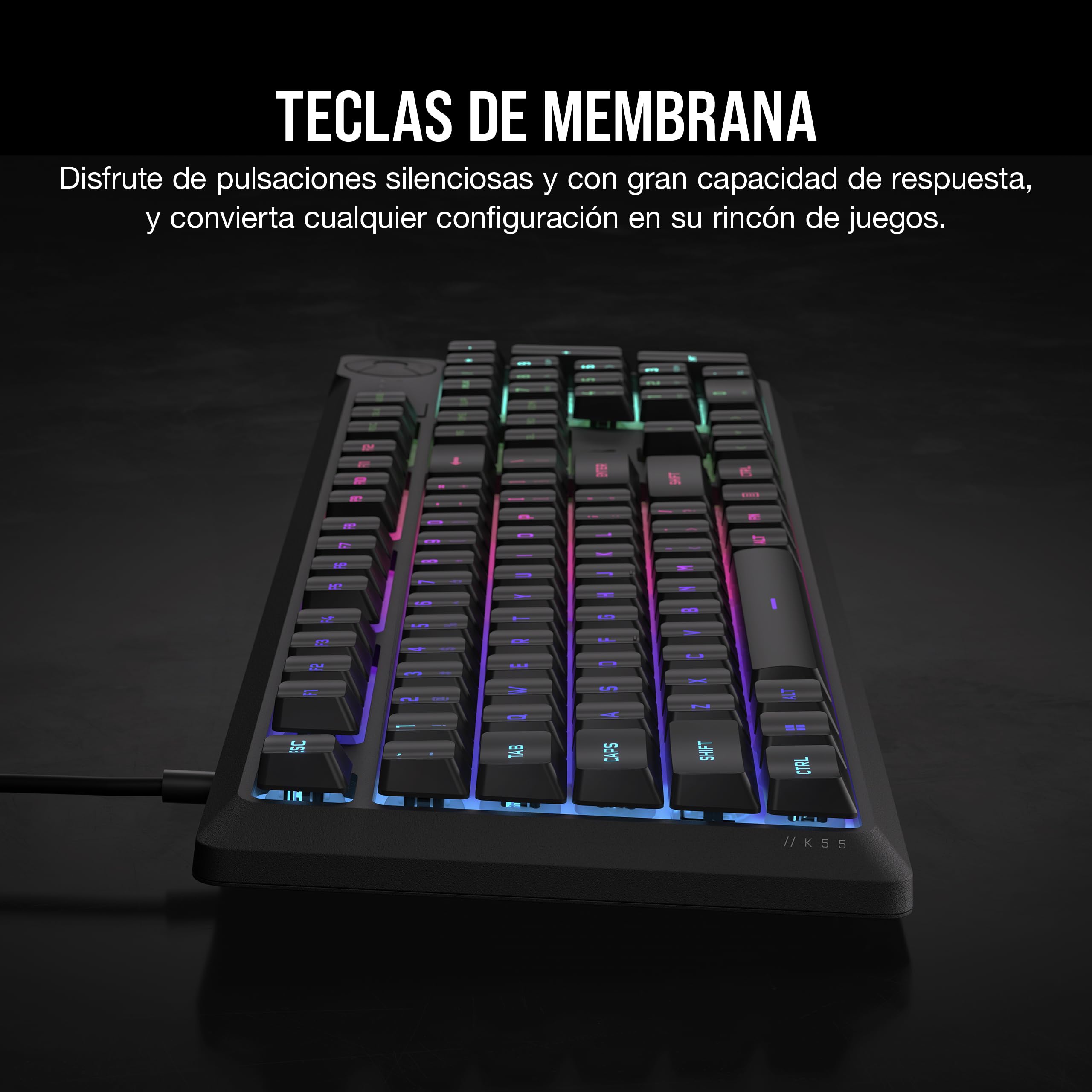 Corsair K55 Core RGB Teclado de Membrana con Cable para Juegos – QWERTY español – Interruptores Silenciosos y Sensibles – Resistente a Salpicaduras – RGB de Diez Zonas – PC, Mac –Negro