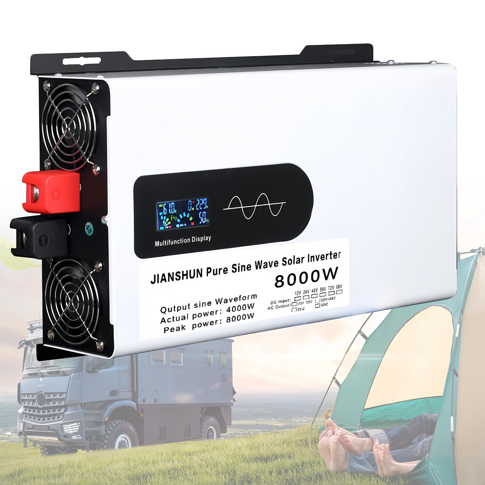 Inversor de Corriente de 6000W-12000W, 12V/24V/48V/60V/72V/96V CC a 220V~240V CA, Inversor para Automóvil con 2 Salidas de CA y Pantalla LCD, para Camionetas, Casas Rodantes y Campamentos,60V-8000W