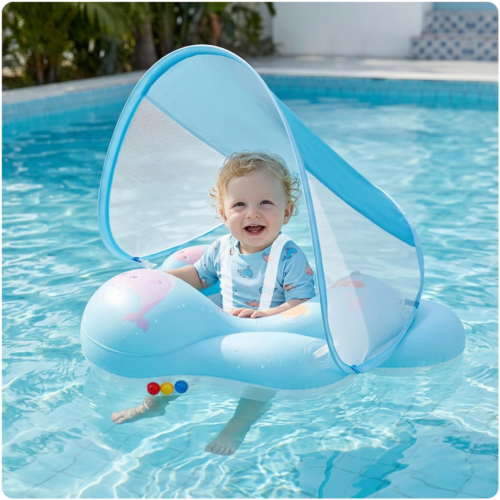 Olycism Salvagente Neonato con Parasole UPF50+ Ciambella Neonato Mare con Pompa ad Aria e Kit di Patch Materiali Adatti ai Bambini Carico massimo 20 kg per Bambini Azzurro pallido