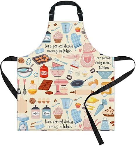 Delantales de cocina beige para cocinero, lindo delantal de dibujos animados ajustable con correa para el cuello con 2 bolsillos para cocinar,