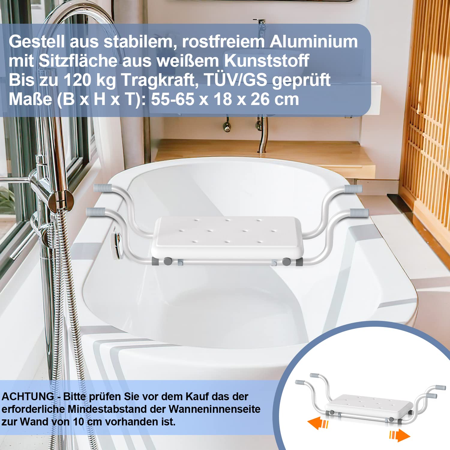 Asiento para bañera de 72 a 82 x 23 x 41 cm, capacidad de carga de 136 kg, distancia entre bañera/pared, mínimo 10 cm