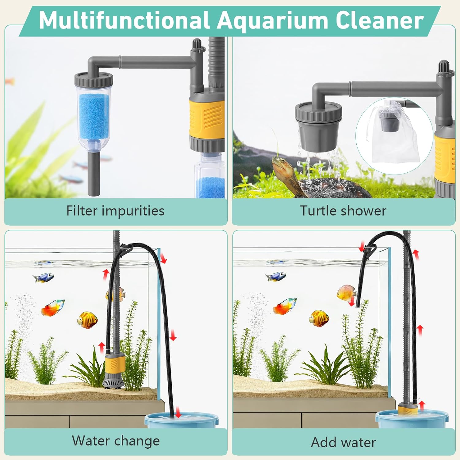 Dirvin Aquarium Vacuum Gravel Cleaner, 8 in 1 Removable 20W Fish Tank Cleaner Gravel Vacuum for Aquarium, Strong Suction for Change Water Wash Sand Clean Algae Water Circulation