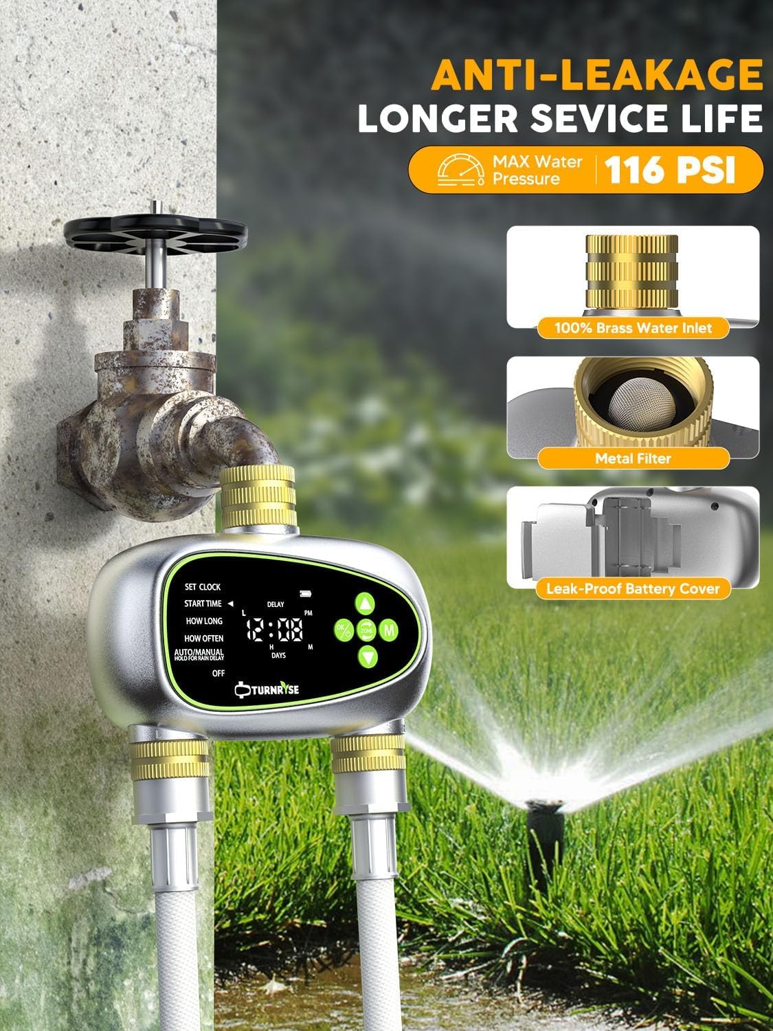Water Timer for Garden Hose - 2 Zone Sprinkler Controller with Brass Inlet Programmable Hose Timer, Automatic Drip Irrigation System for Yard Lawn Greenhouse