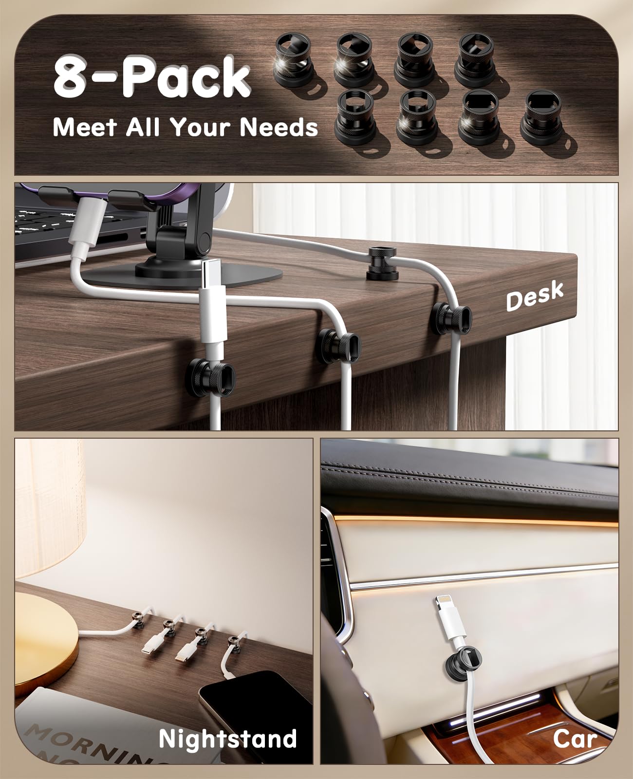 Maveek Magnetischer Kabelhalter, 8 Stück, Edelstahl, Metallkabel-Clips, Draht-Organizer, Zuhause, Büro, Schreibtisch, Nachttisch, USB-Ladekabel, Management, Auto-Dashcam (Metallic-Schwarz)