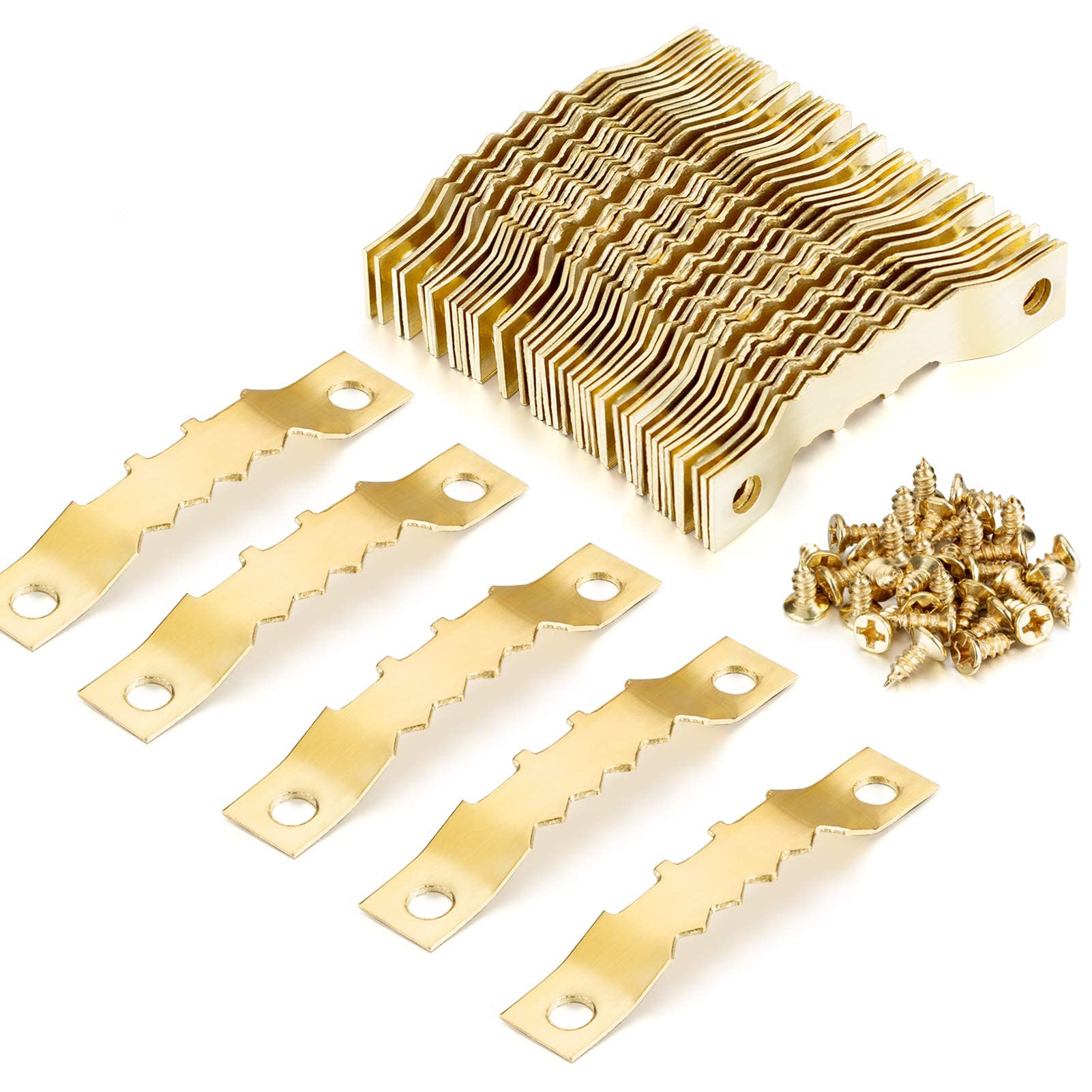 LODROCSawtooth Picture Frame Hangers Set with Screws (Gold), Premium 50pcs Sawtooth Photo Frames Holder + 100pcs Screw, for Painting Photos Artwork Clock Home Decoration (Gold)