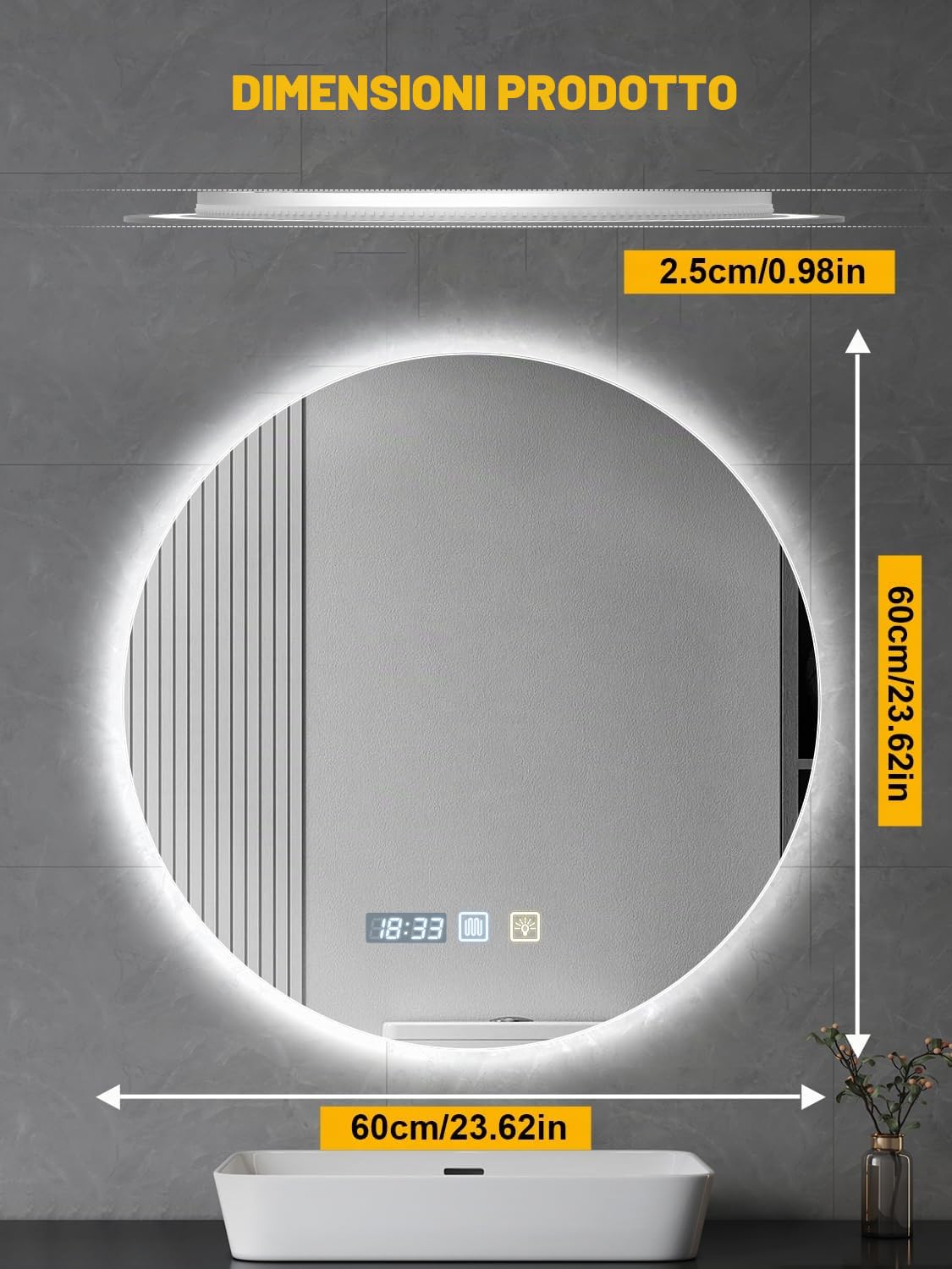 Specchio da bagno rotondo con illuminazione,specchio da parete da 60 cm,specchio a LED,3 colori di illuminazione regolabili, antiappannamento, interruttore touch,IP44,orizzontale/verticale