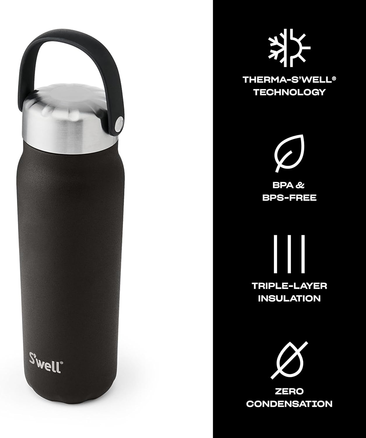 S'well Recycled Stainless Steel Explorer with Insulated Lid and Handle, 24oz, Onyx, Triple Layered Vacuum Insulated Containers Keeps Drinks Cold for 36 Hours and Hot for 8 - Image 3