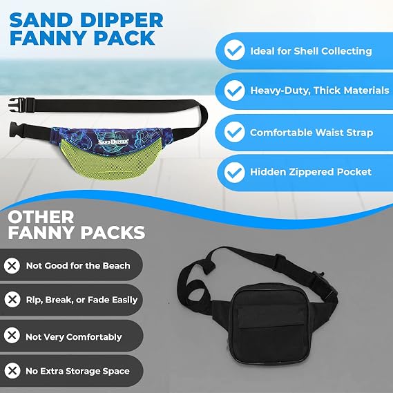 Sand Dipper Seashell Fanny Pack for Women & Men - One Size Fits Most Shell Collecting Hip Bag With Front Mesh Pocket & Hidden Zippered Pocket - Beachcombing Waist & Cross Body Bum Bag - Black