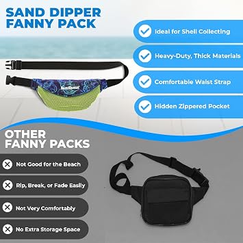 Sand Dipper Seashell Fanny Pack for Women & Men - One Size Fits Most Shell Collecting Hip Bag With Front Mesh Pocket & Hidden Zippered Pocket - Beachcombing Waist & Cross Body Bum Bag - Black