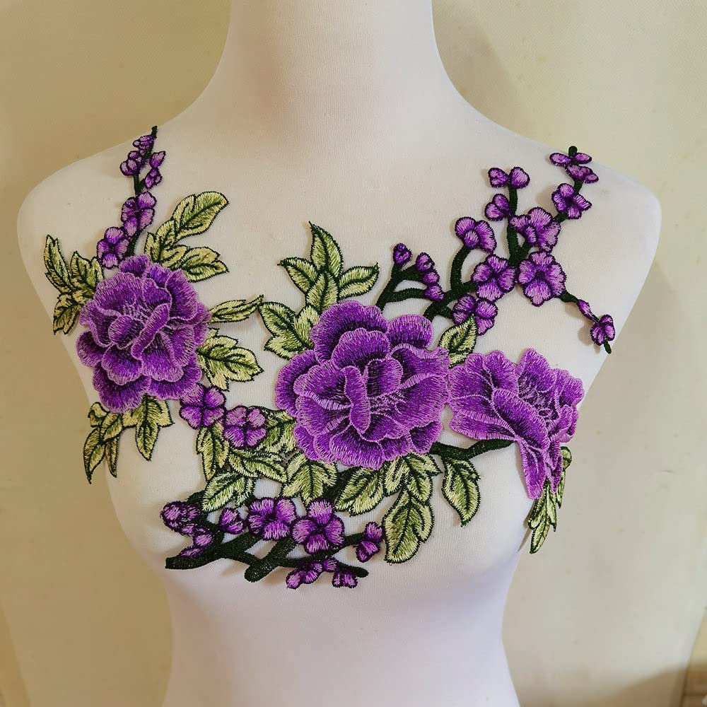 ZALALAA Style A Flowers Embroidered Sticker Lace Applique DIY Clothes Decorations Fabric Patches (Violet) for Clothing Jacket Jeans