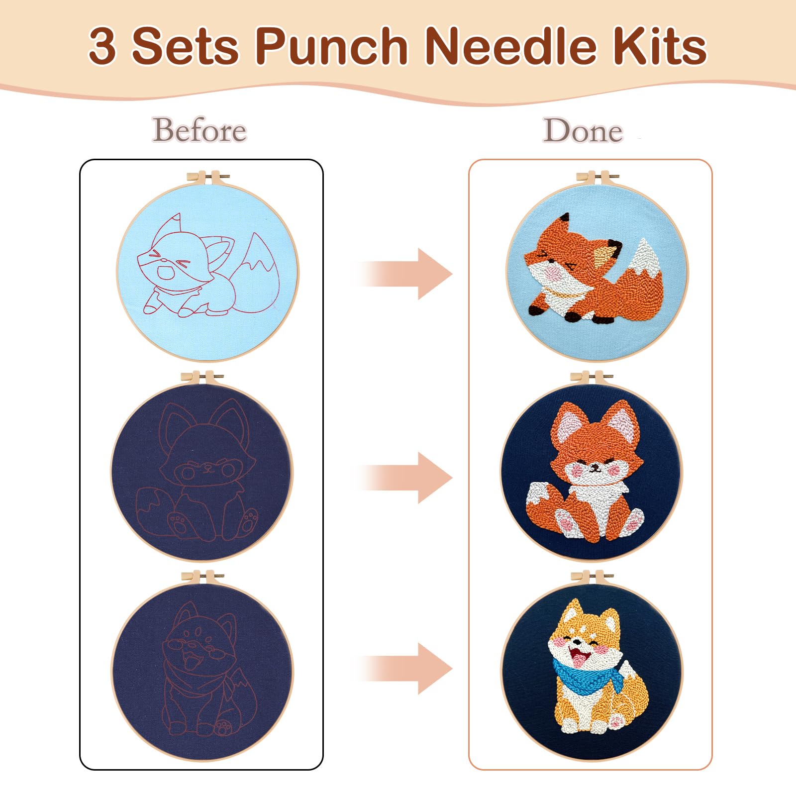 JSRQT 3 set di kit per ricamo con ago perforatore e 3 cerchi da ricamo per principianti aggancio per tappeti con motivo cane volpe artigianato