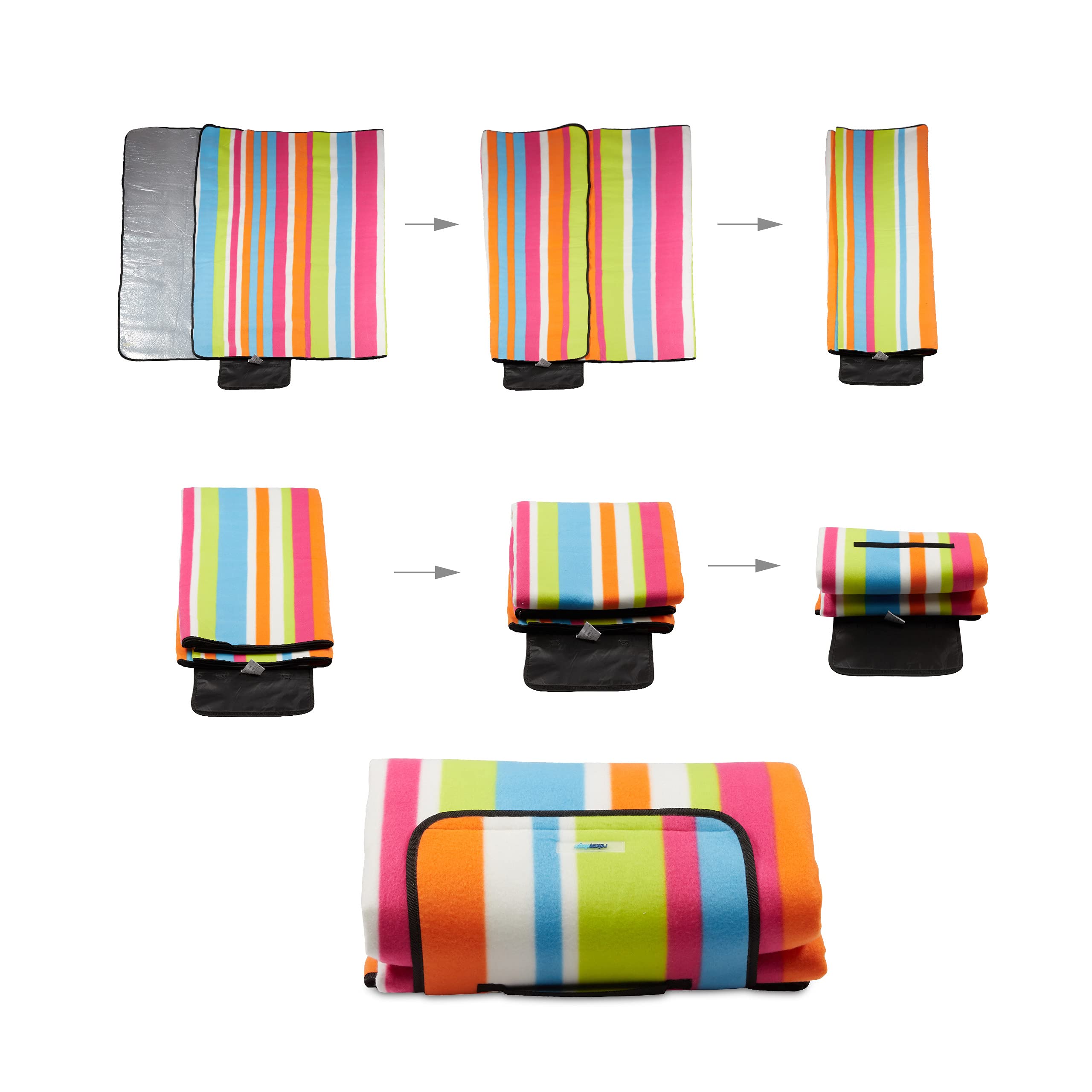 Relaxdays Couverture Pique-Nique Picnic Plaid imperméable 200x200 cm poignée Isolation Tapis, Bleu-Blanc, Coloré