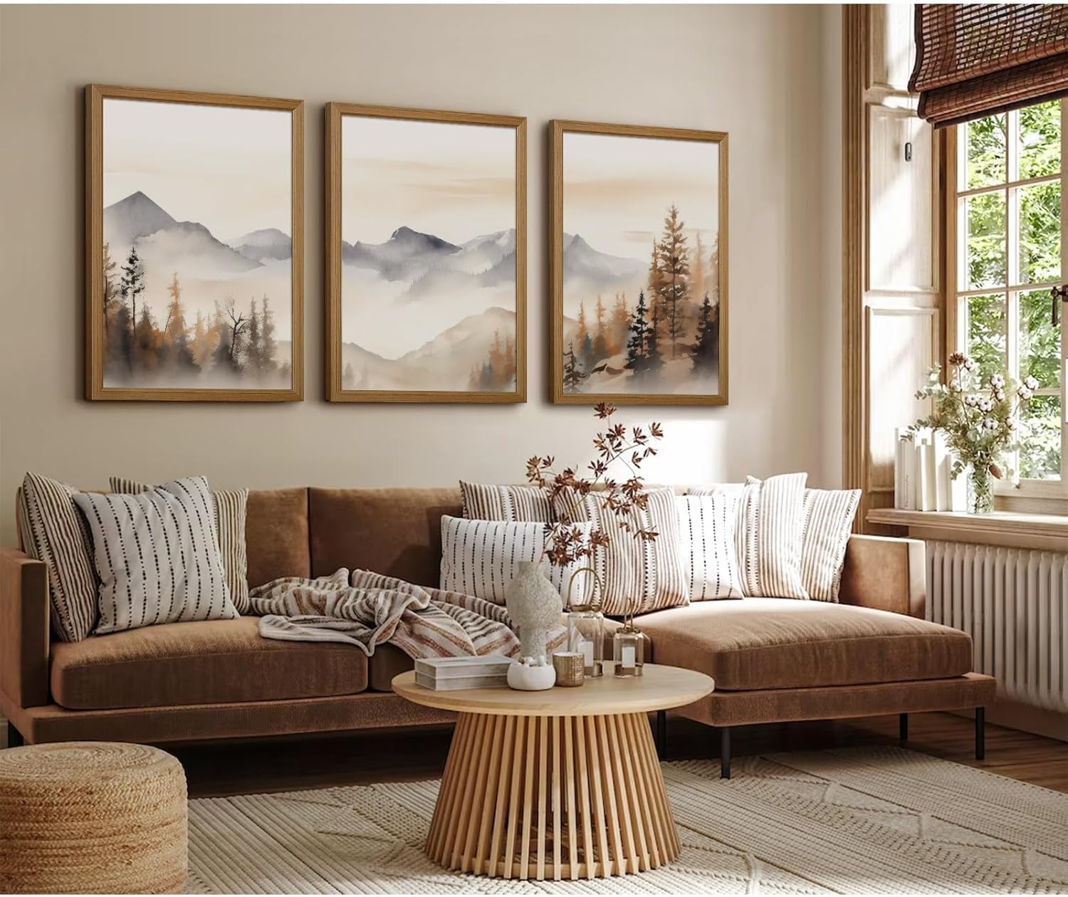 Neutral Mountain Wall Art Decor Set of 3 Forest Canvas Wall Art Poster Landscape Wall Art Artwork Modern Pictures Abstract Painting Watercolor Prints for Living Room Bedroom 16x24 Inch Framed