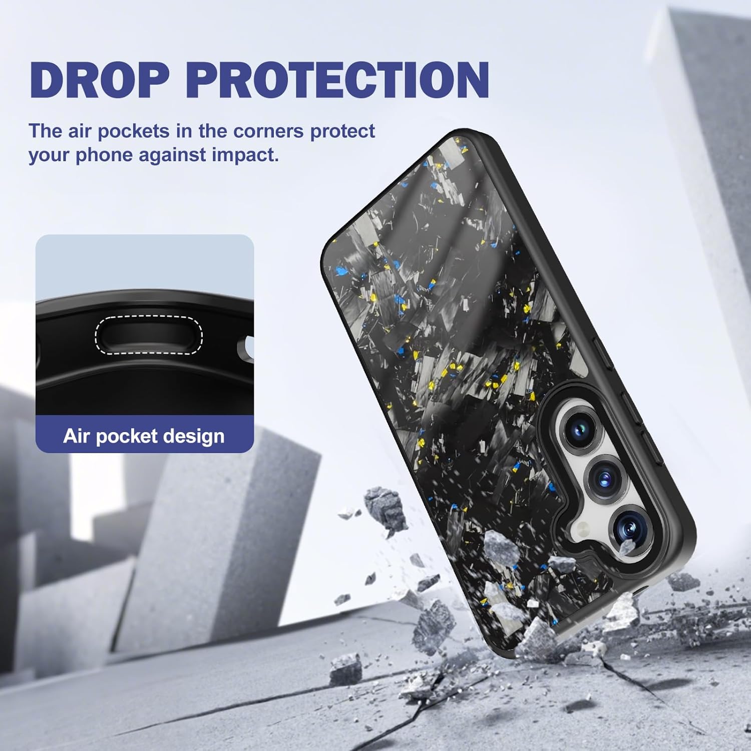 molzar Vibe Series Magnetic Case for Samsung Galaxy S24 and S25 with Chunk Forged Carbon Fiber, Infused with Colorful Tinfoil Flakes, Compatible with MagSafe, Glossy Black/Blue&Gold