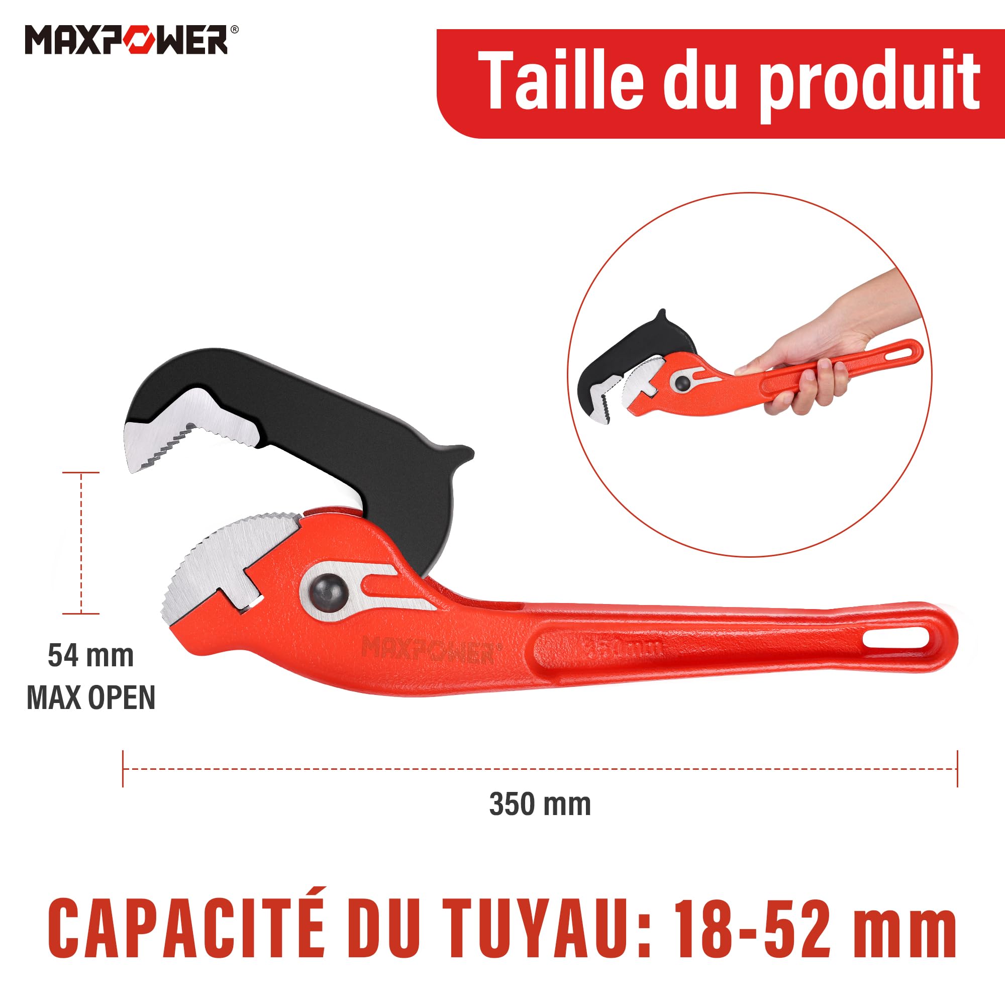 MaxPower Clé à tube rapide 350 mm / 14 pouces, auto-ajustable clé à tube à une main, largeur de mâchoire max. 54 mm, pince à pompe à eau pour la réparation des tuyaux d'égout ou de chauffage, etc.