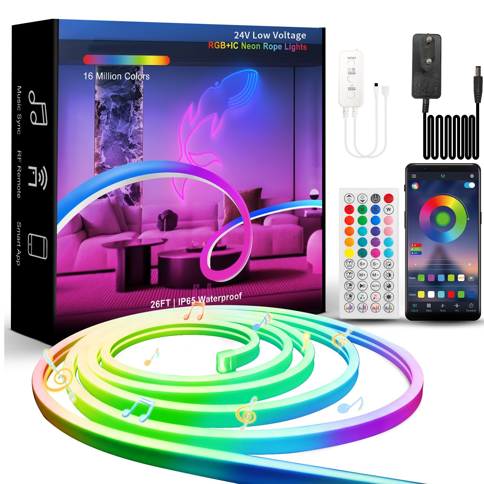 Neon LED Streifen 8M RGB+IC IP65 App-Steuerung 24V LED-Röhre | Flexible Silikon-Neonröhre mit Dreamcolor,Timer,Musik Sync und Fernbedienung für DIY Deko im Innen-und Außenbereich