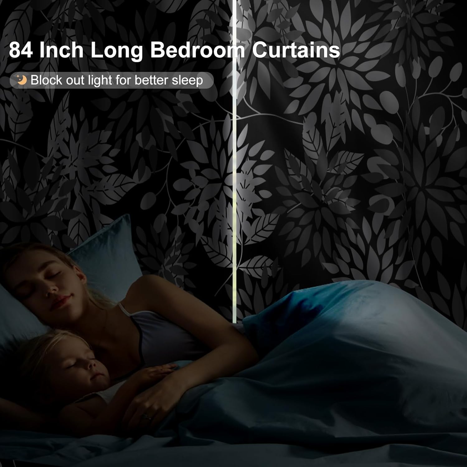 White and Grey Leaves Printed Black Out Curtains, Blackout Curtains for Bedroom and Living Room 84 Inch Length 2 Panels Set, Grommet Thermal Insulated Room Darkening Drapes Soundproof Maintain Privacy