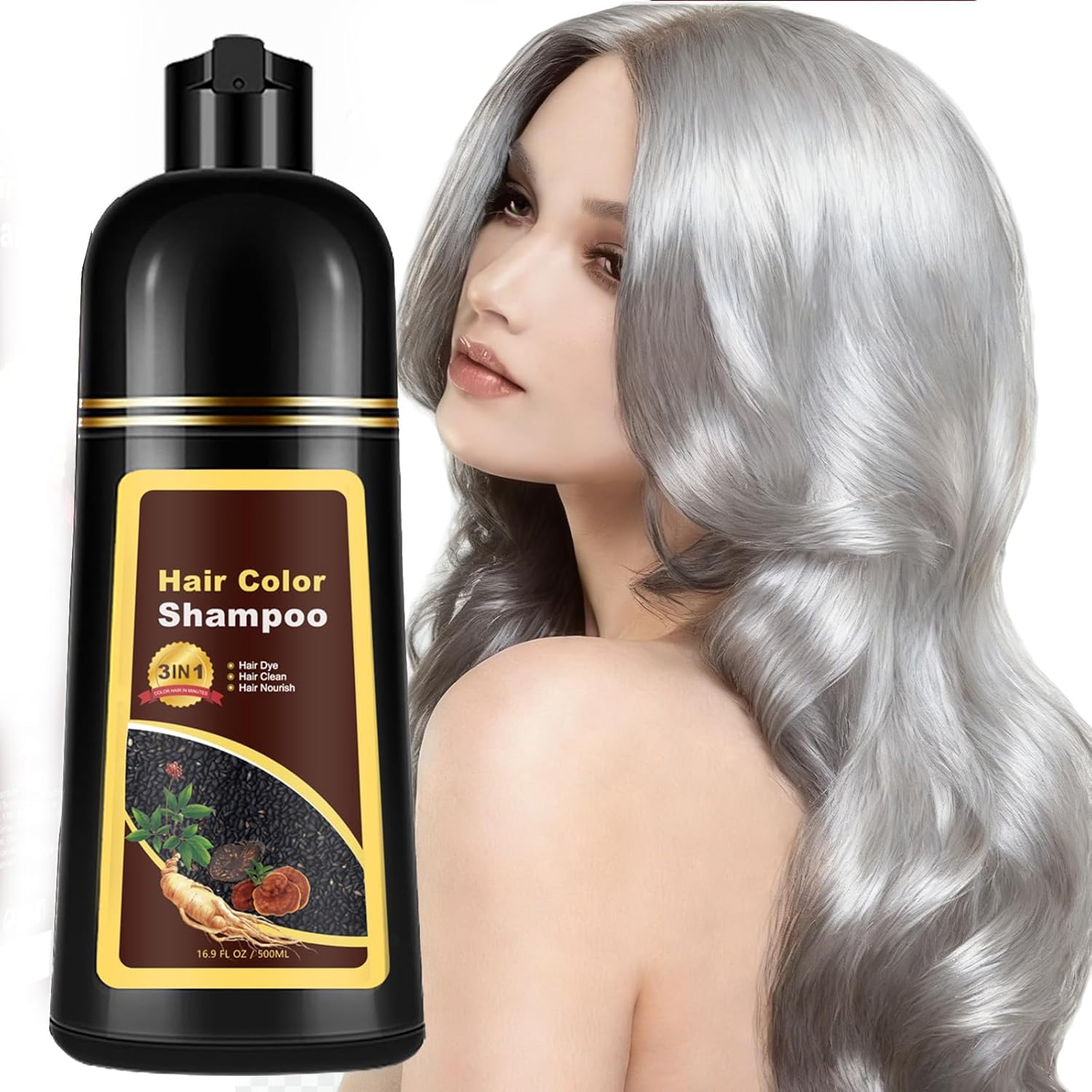 Hair Dye Shampoo 3 in 1 for Women & Men, Rich Silver Gray Root-to-Tip Coloring with Natural Extracts, 3-4 Weeks Lasting Smooth Shiny Finish, Easy Home Use for All Hair Types 16.9 fl oz (Silver Gray)