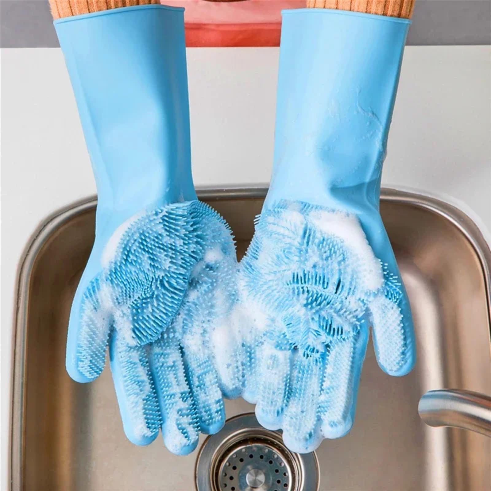 Guantes de trabajo de goma 5 pares de guantes silicona for lavar platos, goma reutilizables for cocina, cerdas suaves, limpieza y lavado(Blue)