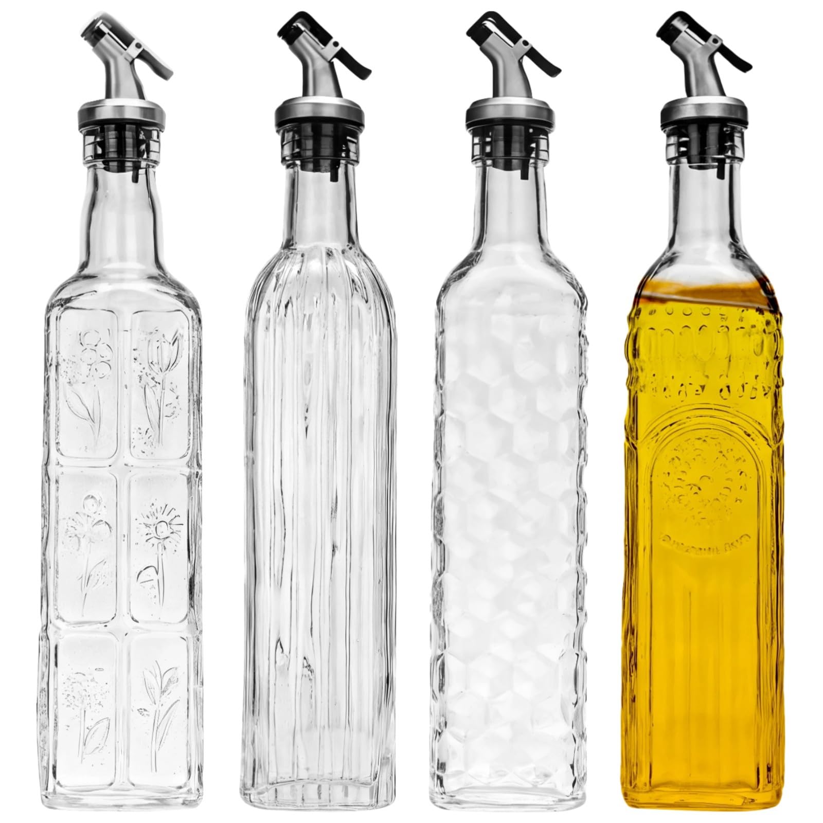4-pak dozowników oliwy z oliwek 500 ml – przezroczyste szklane butelki z automatycznymi wylewkami, kwiatowe wzory, szczelne i obsługiwane jedną ręką, idealne do użytku w kuchni