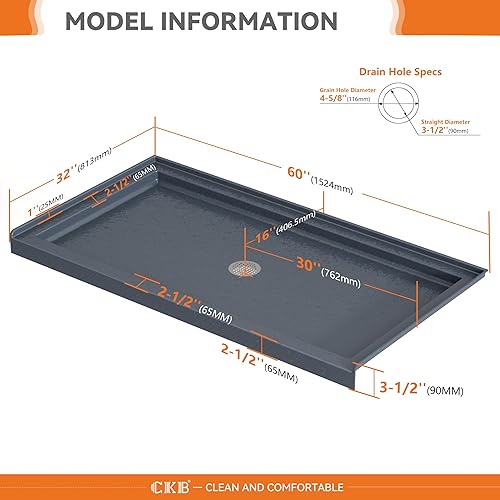Miniatura 5 de CKB Base de ducha de 60 pulgadas de largo x 32 pulgadas de ancho, umbral único, drenaje central con superficie texturizada antideslizante, sartén de