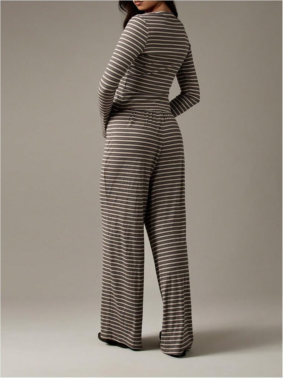 WDIRARA Women's Striped 2 Piece Pants Outfits Long Sleeve Button Down Knit Top Set Leisure Fall Casual - Image 2