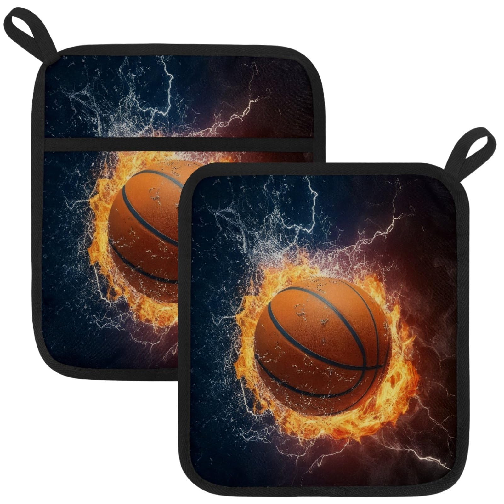 VAPOKF Basketball Pot Holders with Pocket for Kitchen Heat Resistant Potholders Large Polyester-Cotton Square Oven Mitts Set