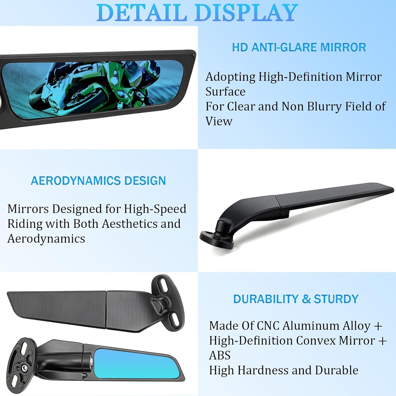 Anti-Glare Motorcycle Rear View Mirrors, 360° Rotating Stealth Mirror, Adjustable Side Mirrors, for Kawasaki Ninja 300 400 500 650, Honda CBR300R CBR500R CBR600RR CBR1000RR, Suzuki GSXR 600 750 1000