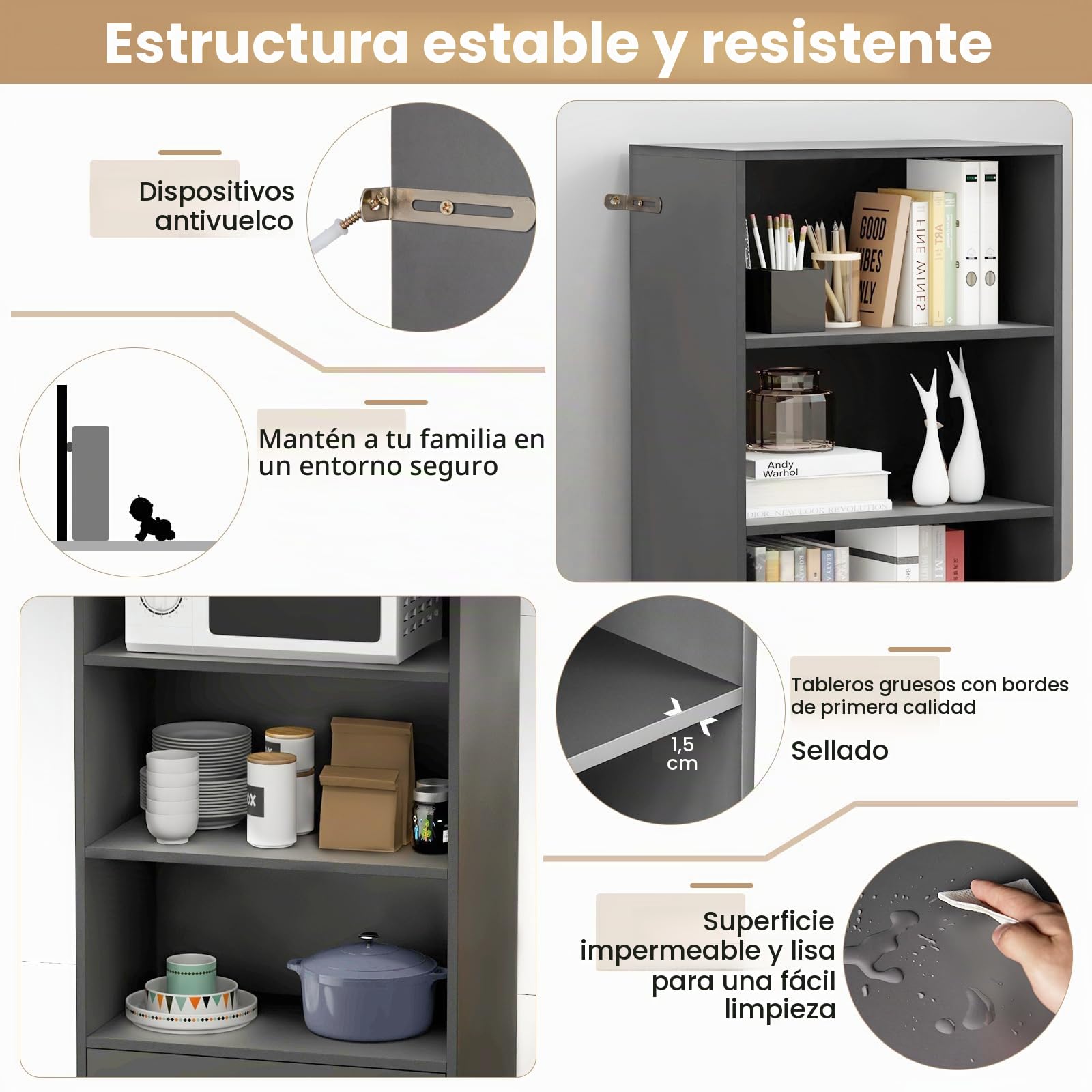 KOMFOTTEU Librería con 3 Estantes y 1 Cajón, Estantería de Almacenamiento con Dispositivo Antivuelco, Mueble Organizador de Madera para Sala de Estar, Estudio, 60 x 38 x 120 cm (Gris)
