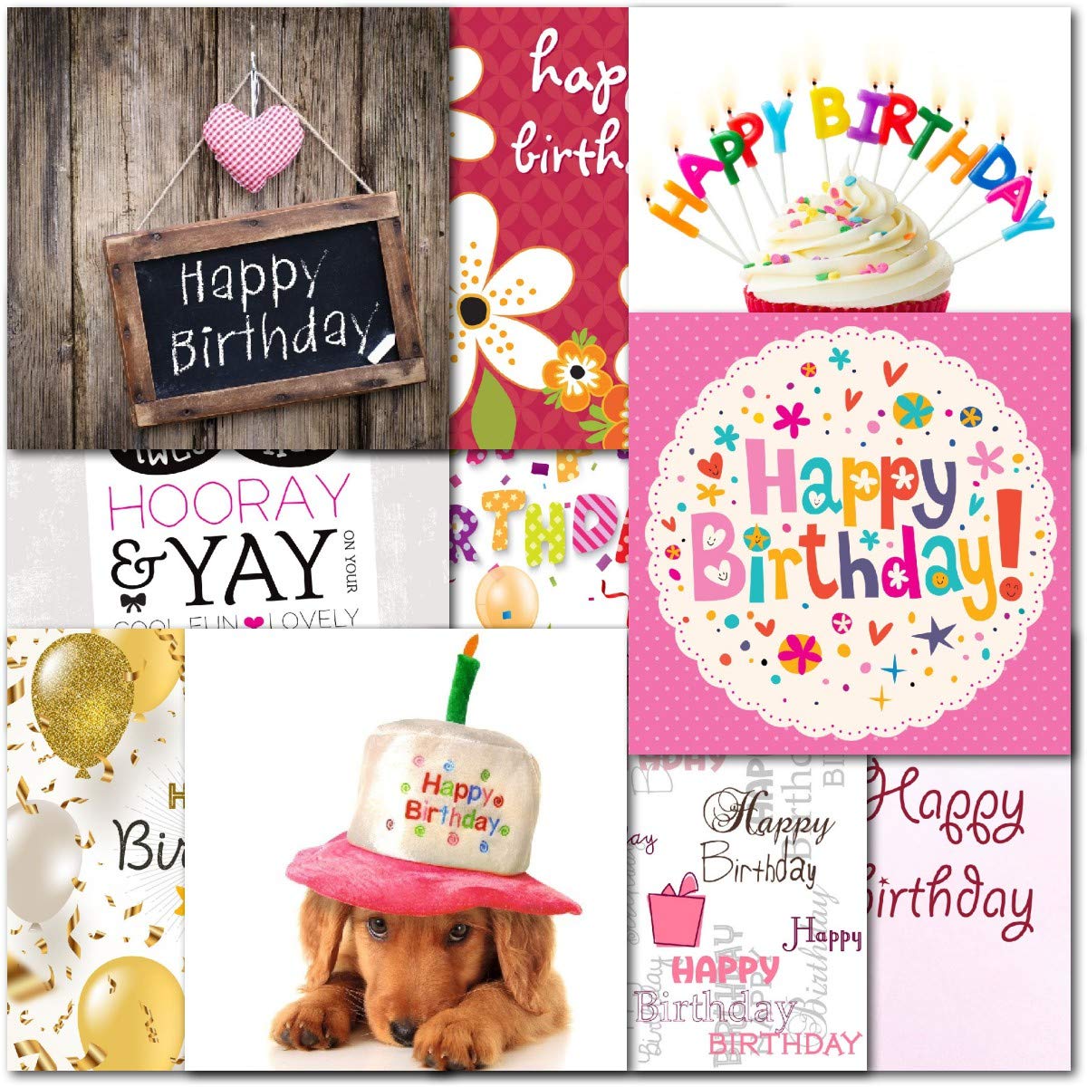 doodlecards Pack 10x Square Mixed Contempory Female Happy Birthday Cards with envelopes. Multipack Cupcakes, Floral, Dog Cards. Made in the UK.