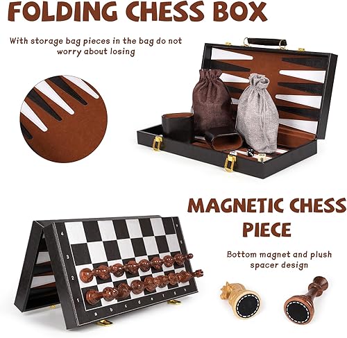 Miniatura 2 de Juego de ajedrez de damas de backgammon 3 en 1, juegos de mesa para niños y adultos, juego de ajedrez magnético plegable de 15 pulgadas, juego de