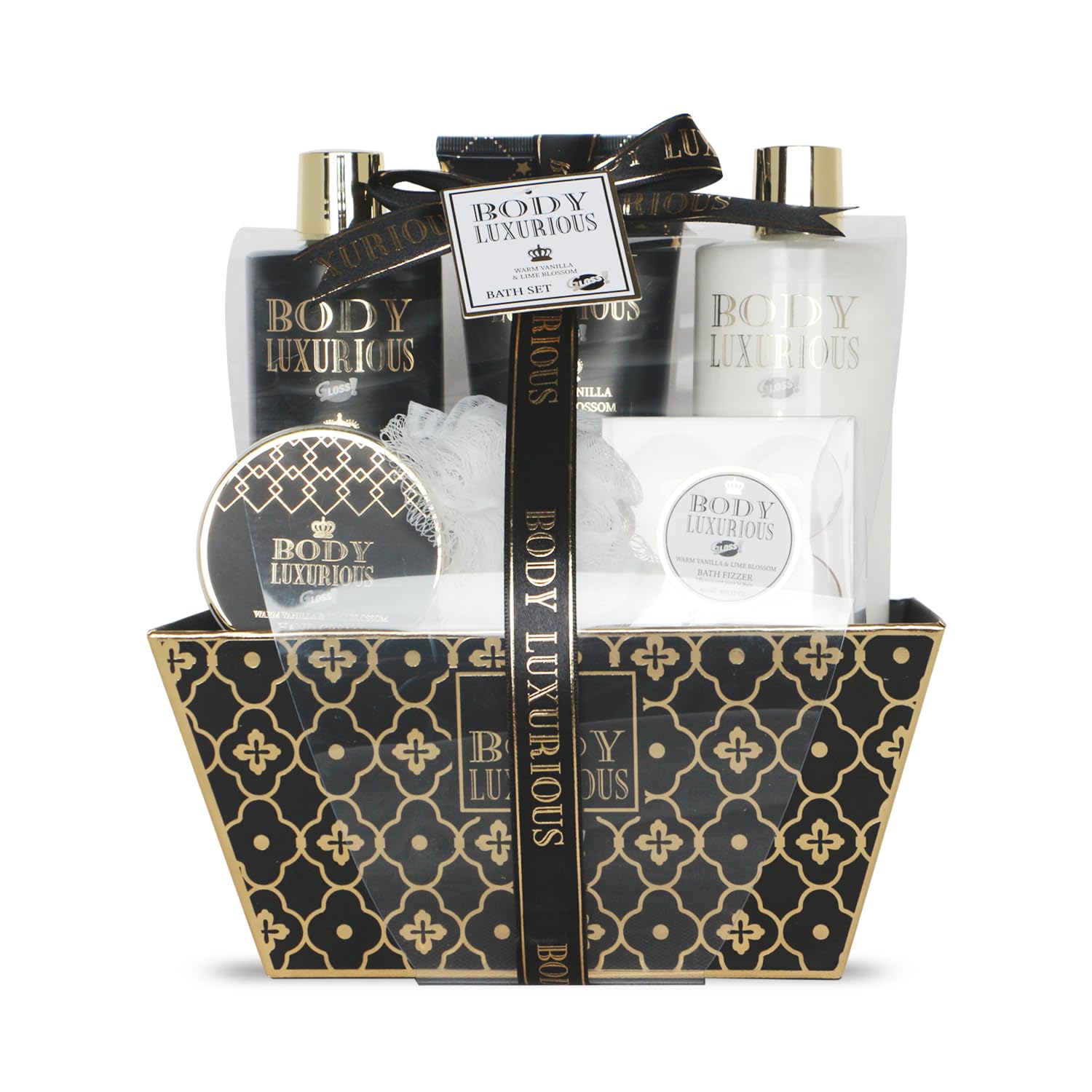 Coffret Cadeau pour Femme | Produits de Bain Vanille & Tilleul| Idée de Cadeau Original pour Femmes | Idéal Anniversaire Maman | Panier de Beauté, Soin et Bien-être | Body Luxurious Black by Gloss!
