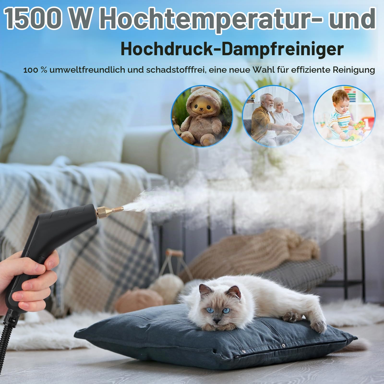 Handdampfreiniger 7-in-1, 1500W | 1,2L Wassertank für Küche & Bad | Hochdruck-Dampfgarer (3BAR) gegen Fett, Schimmel & Kalk | Inkl. Zubehör für Polster, Fliesen, Auto