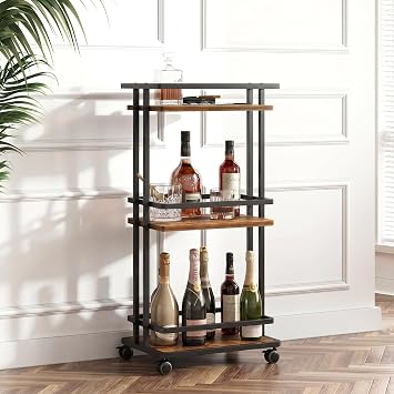 3-Tier Bar Cart with Wheels & Storage Shelves for Home Kitchen