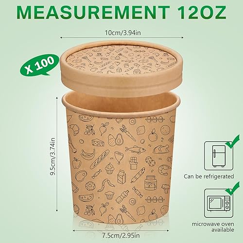 Miniatura 2 de Irenare 100 tazas de sopa con tapas ventiladas, recipientes de papel desechables de 12 onzas, cuencos de papel kraft para postres sopas, yogur,
