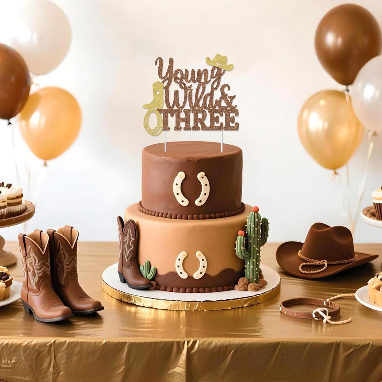 Glitter Young Wild and Three Cake Topper - Brown Western Cowboy 3rd Birthday Party Decorations Boy, Wild West Theme Party Supplies