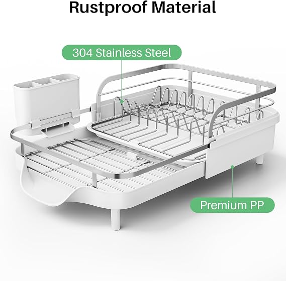 SNTD Dish Drying Rack - Expandable Dish Rack for Kitchen Counter, Stainless Steel Dish Drainer with Drainboard Set and Utensil Holder, Sink Drying Dish Strainer Rack (White)