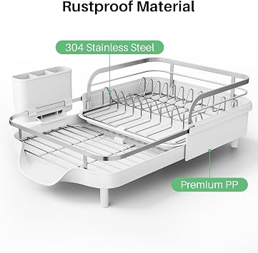 SNTD Dish Drying Rack - Expandable Dish Rack for Kitchen Counter, Stainless Steel Dish Drainer with Drainboard Set and Utensil Holder, Sink Drying Dish Strainer Rack (White)