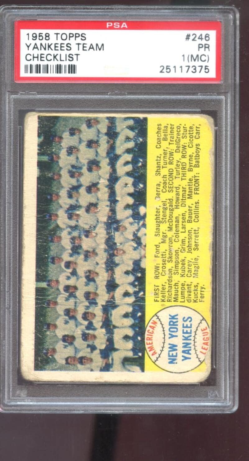 1958 Topps #246 New York Yankees Team Photo Checklist PSA Graded Baseball Card