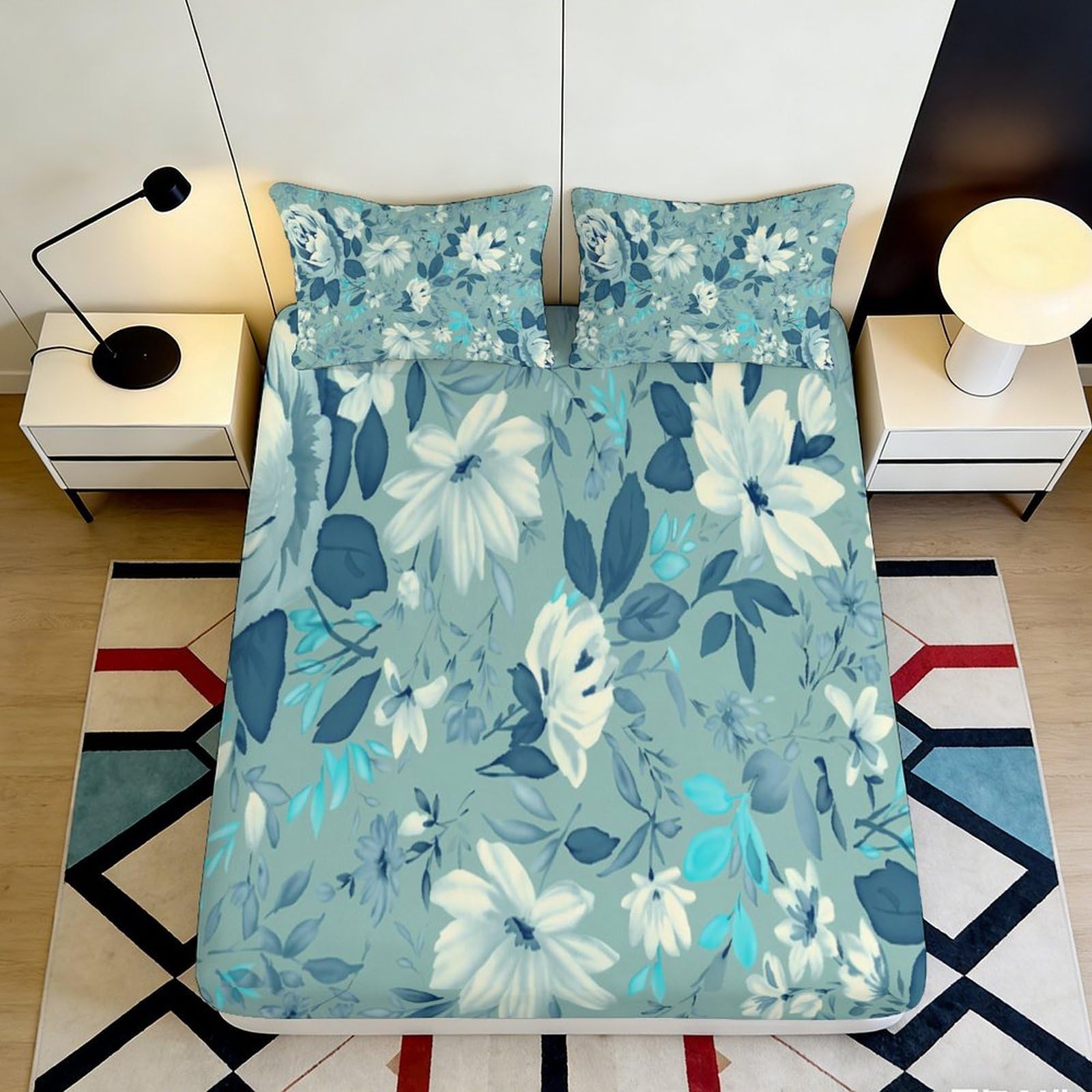 3D Printed Blue Floral Fitted Sheet Microfiber Soft Non-Slip Leaf Mattress Cover Washable Decor for Bedroom Guestroom 90x200x25cm