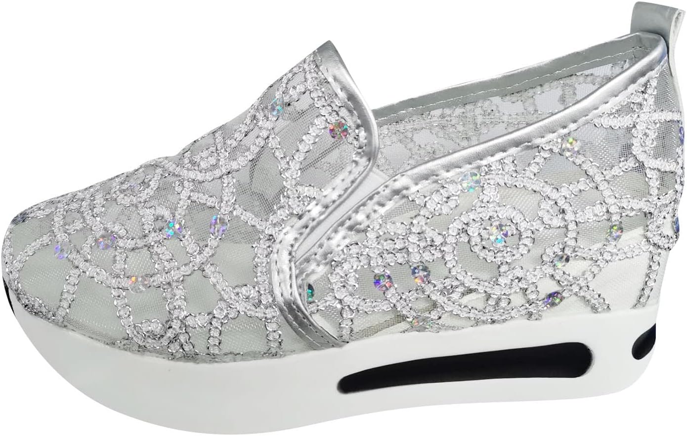 Hbeylia Platform Wedge Fashion Sneakers for Women Embroidery Floral Mesh Air Lace Chunky Sole Hidden High Heels Slip On Loafers Walking Work Shoes Arch Support Low Top Play Sneakers Loafers