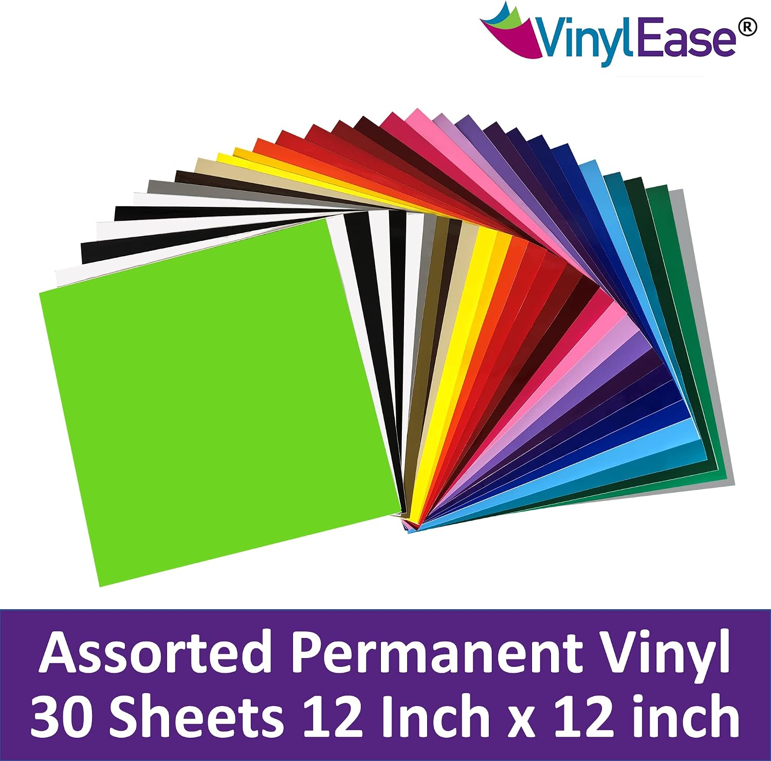 Vinyl Ease 12" x 12" 30 Sheets Assorted Glossy Colors Permanent Adhesive Vinyl for Cricut, Silhouette, Pazzles, Craft ROBO, QuicKutz, Craft Cutters, Die Cutters, Sign Plotters - V0101