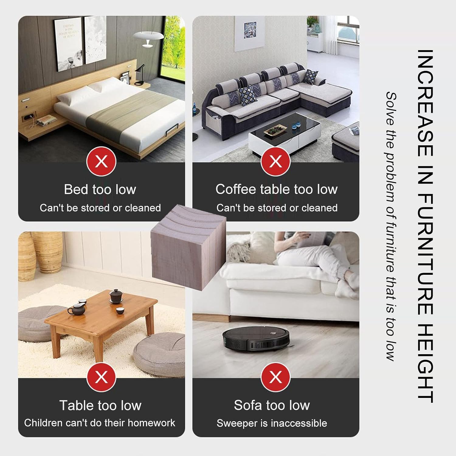 Furniture Legs Wooden, Square Table Legs, Sofa Support Legs, DIY Furniture Feet, for Adding Height to Furniture, 4 Pcs, Cabinet/Desk/Dining Table/Coffee Table,Wood-9×9×5cm