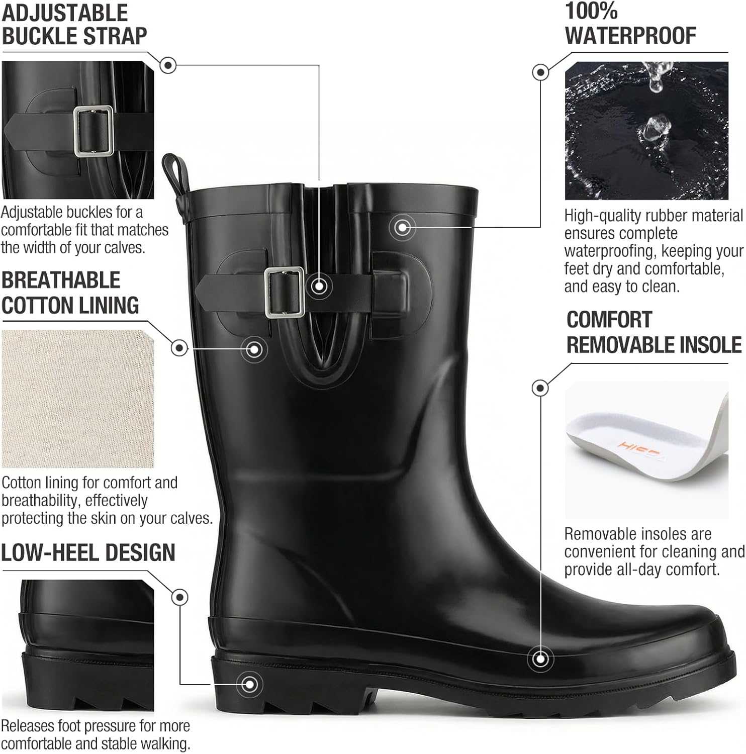 HISEA Rubber Mid-Calf Rain Boots for Women, Waterproof Insulated Anti-Slip Mud Boots, Cute Fashion Chelsea Garden Boots For Adult - Image 6