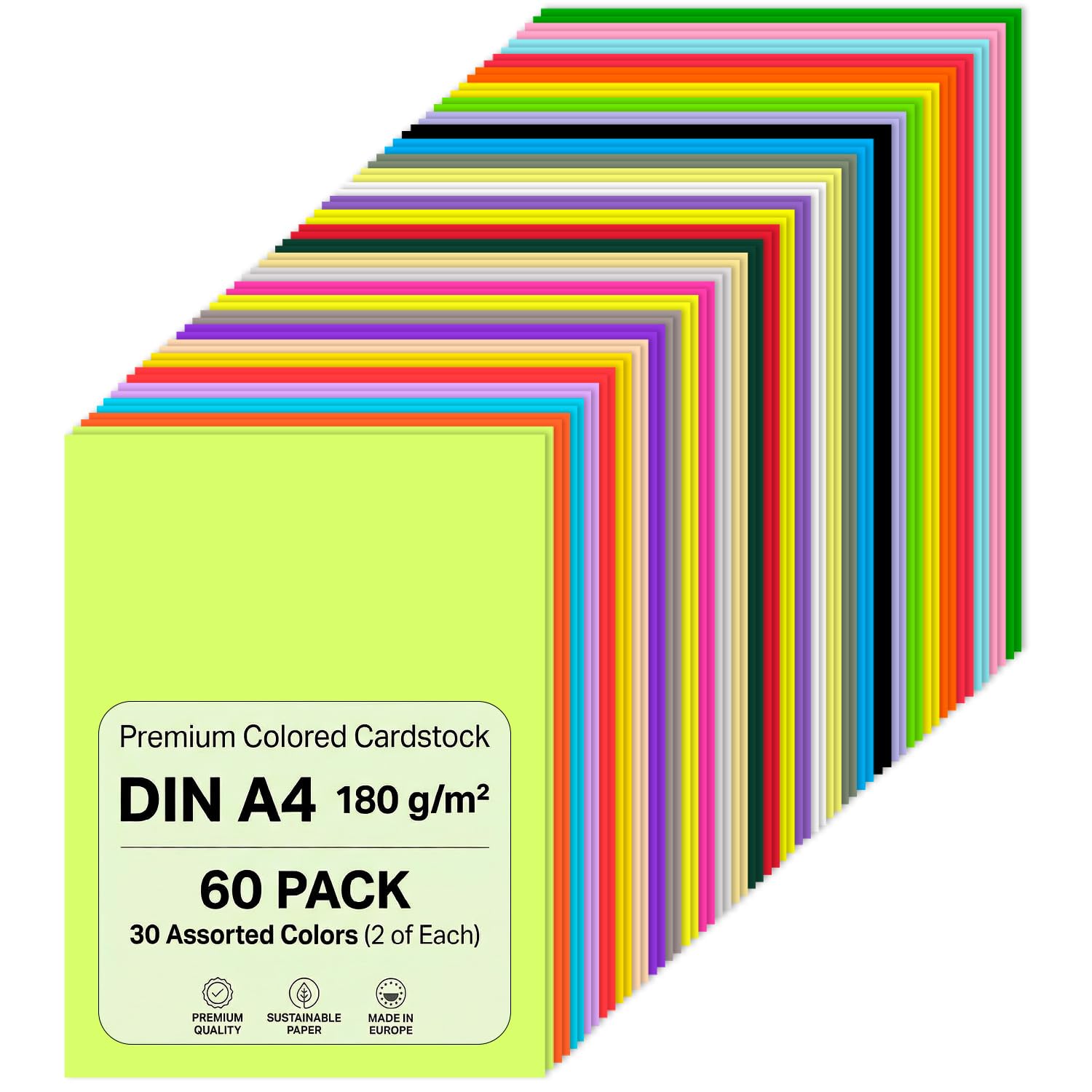 QWORK 60 Feuilles Papier Cartonné Coloré A4 180 g/m² 30 Couleurs pour Impression Dessin Scrapbooking
